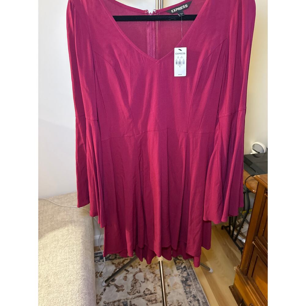 Burgundy Dress Express Swing Dress Womens Red Pullover Long Sleeve V Neck Size 6
